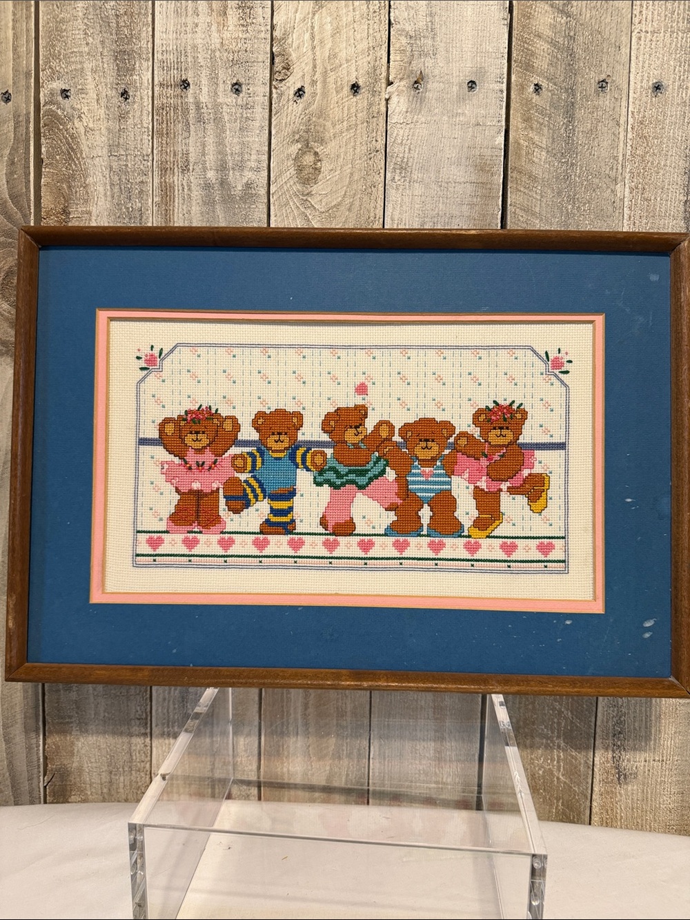 Framed Handmade Cross Stitch of Dancing Teddy Bears - Blue Mat